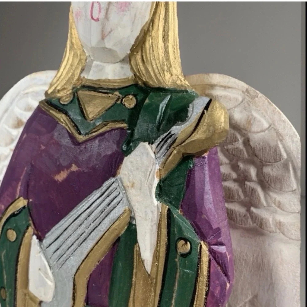 Pier 1 Wooden Angel Wings Halo Figurine Plays Lute Purple Green Carved Folk Art